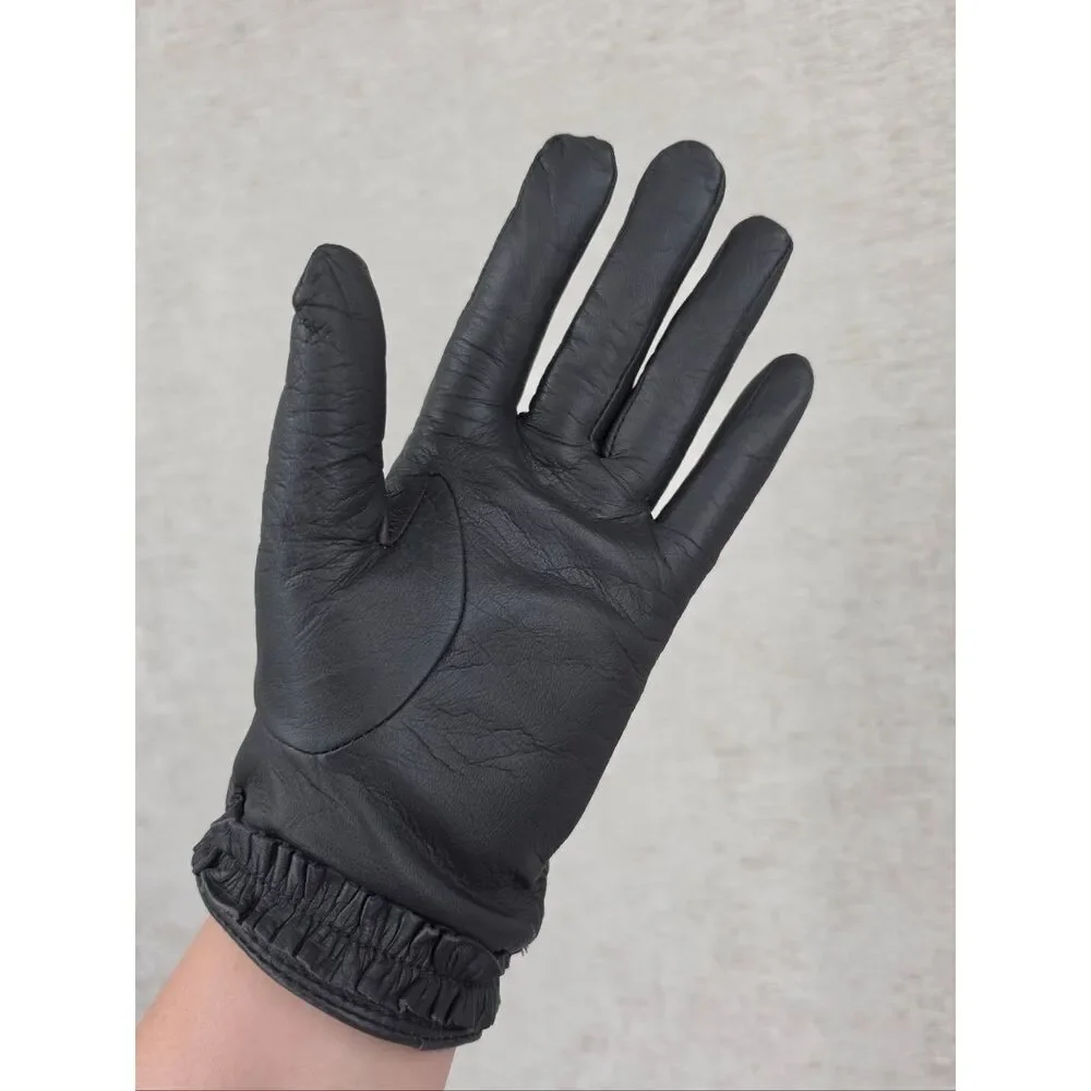 Banana Republic Gray Leather Driving Gloves With Ruffled Cuff Wool Lining